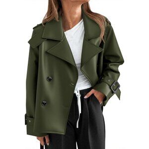 Womens Army Green Faux Leather Jacket | Button Down Moto Coat | Trendy Fall